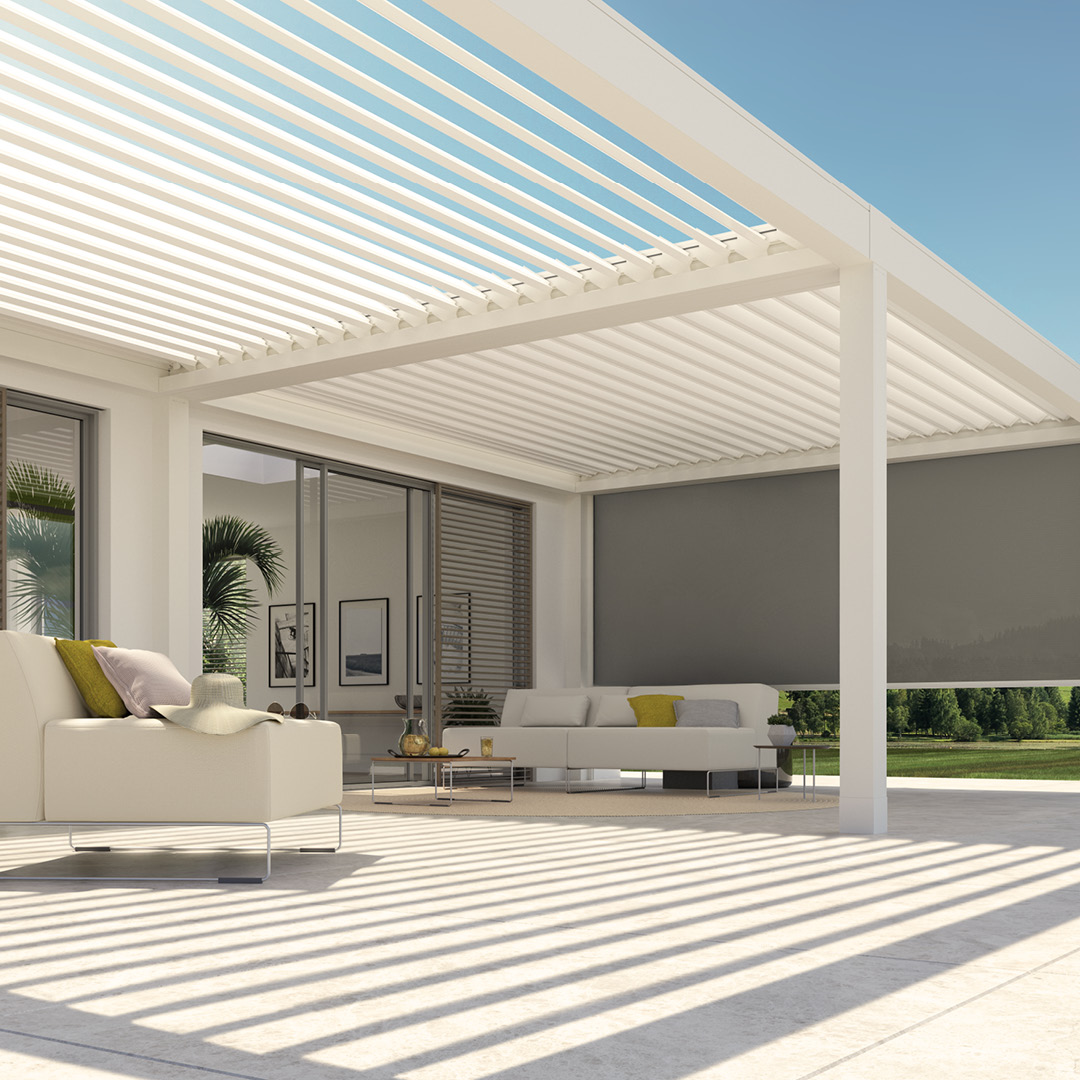 Motorised louvered aluminium pergola in a Yorkshire garden